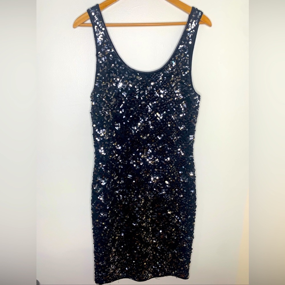 Cathy Hardwick Size Large Knee Length Sleeveless Black Full Sequin Dress Party